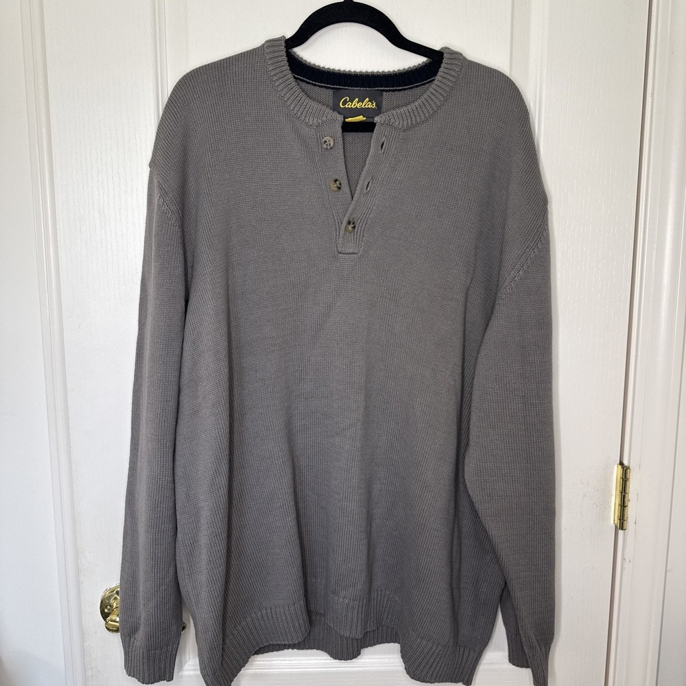 Cabela's Men's 2XL Knit Henley Sweater Tan Brown Outdoor Pullover Cotton Blend
